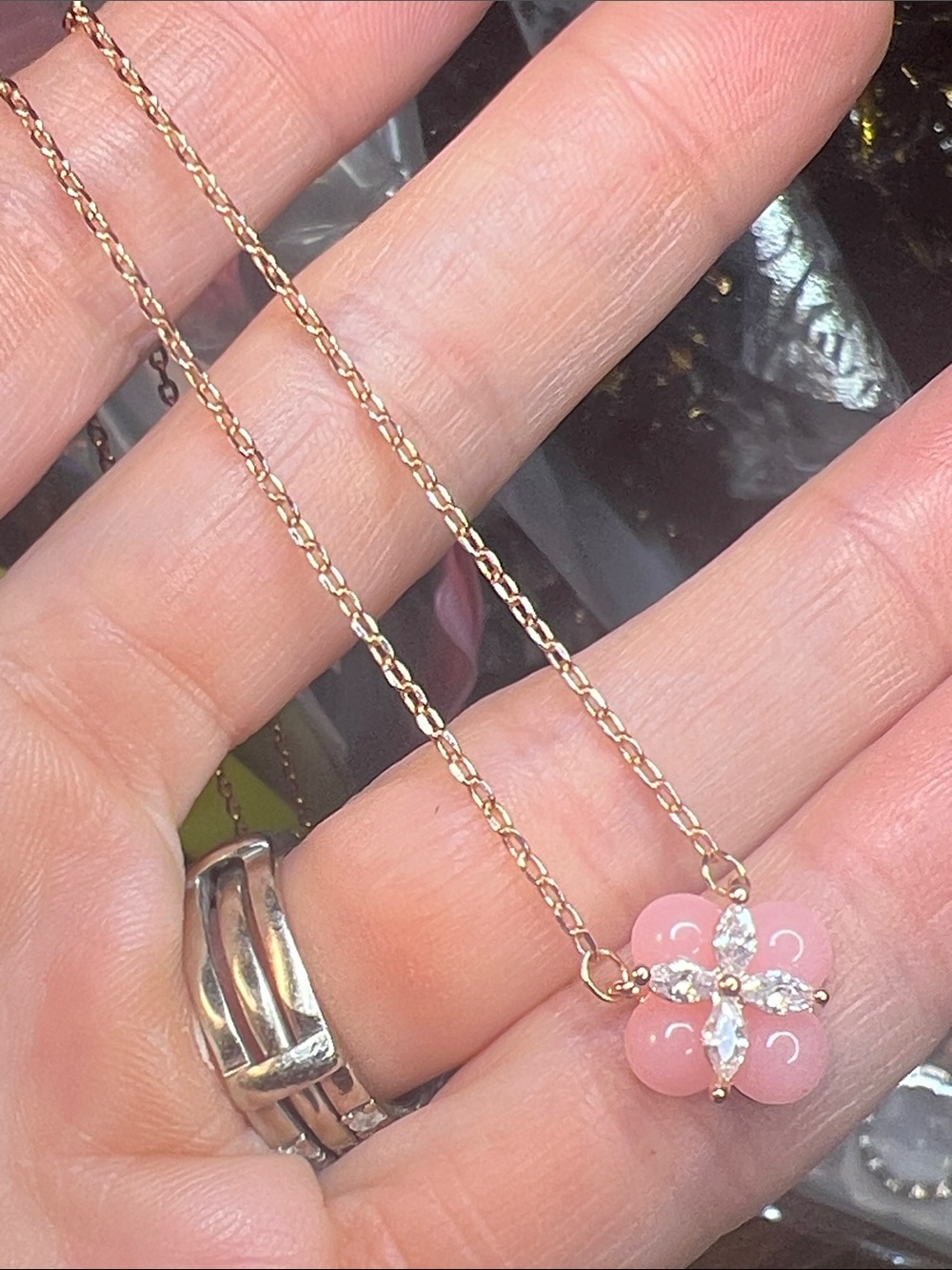 Pink Flower Pendant Necklace with Crystal Accent